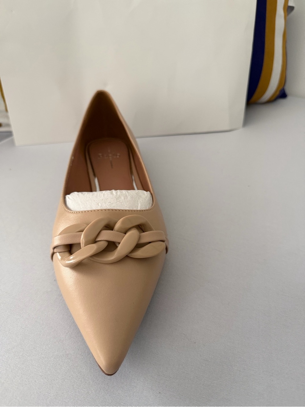 Paolo Beige Pointed-Toe Flat with Chain Detail